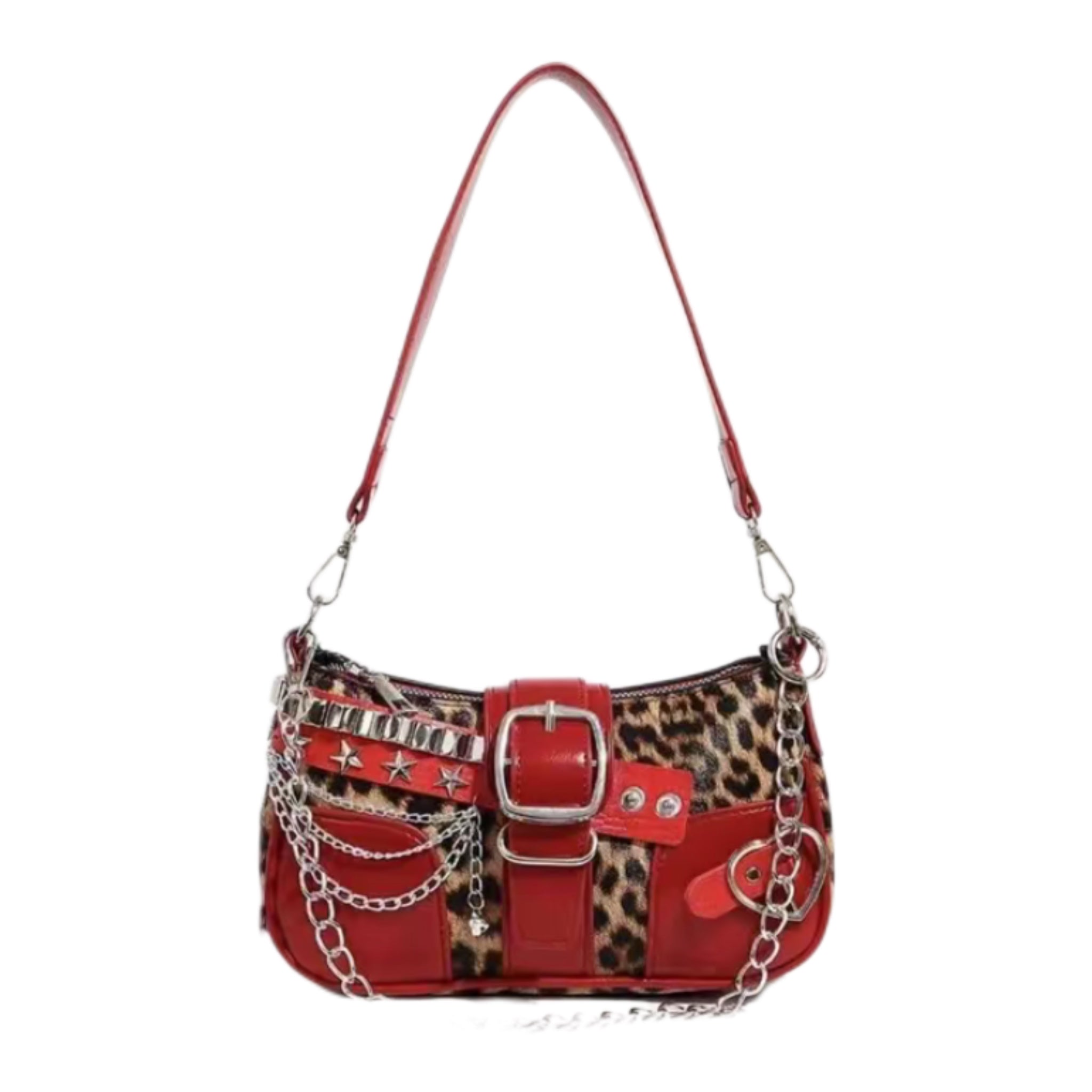 Y2K Leopard Print Shoulder Bag – Punk Chain Underarm Purse with Star Rivets