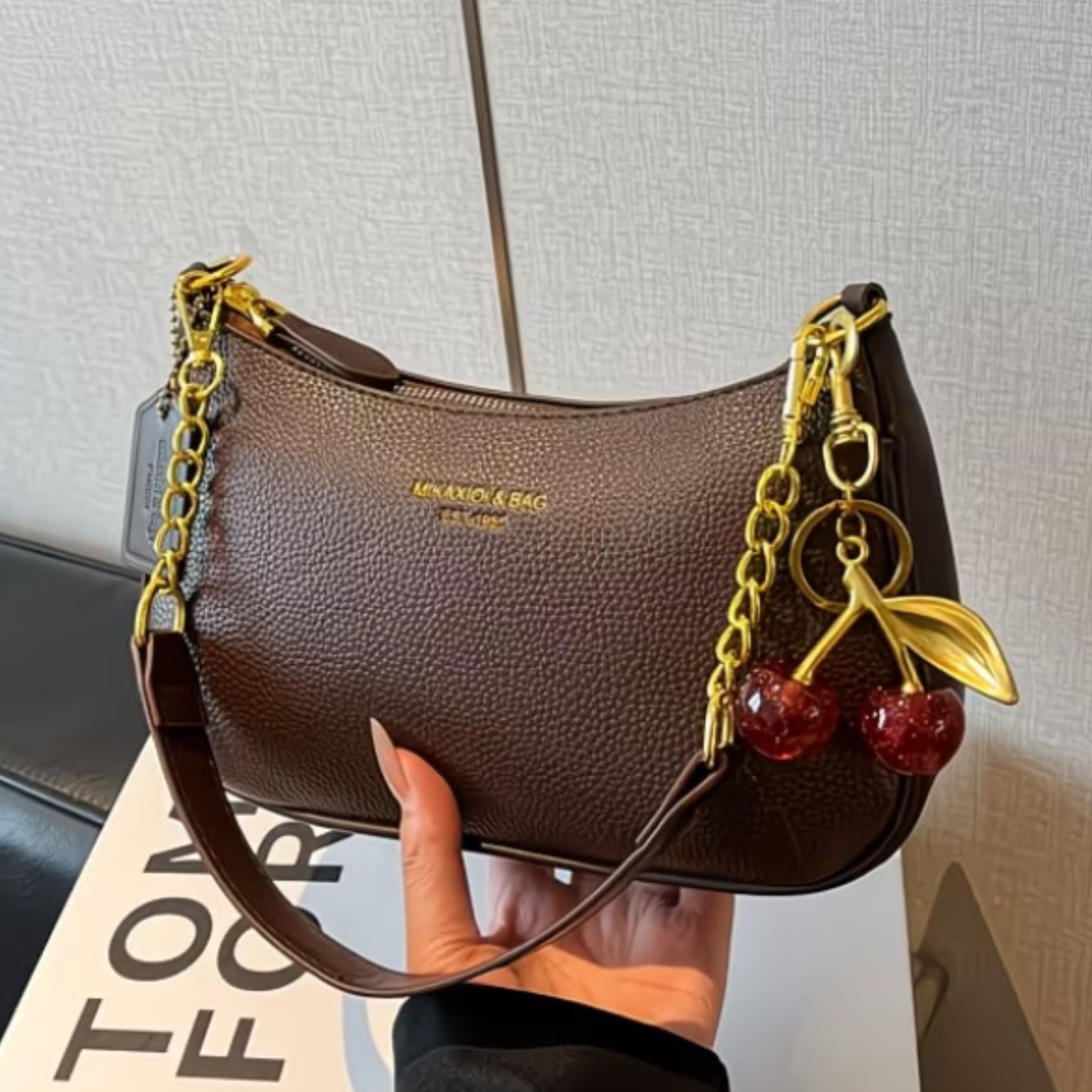 Retro Pebbled Leather Shoulder Bag with Cherry Pendant – Small Crescent Bag