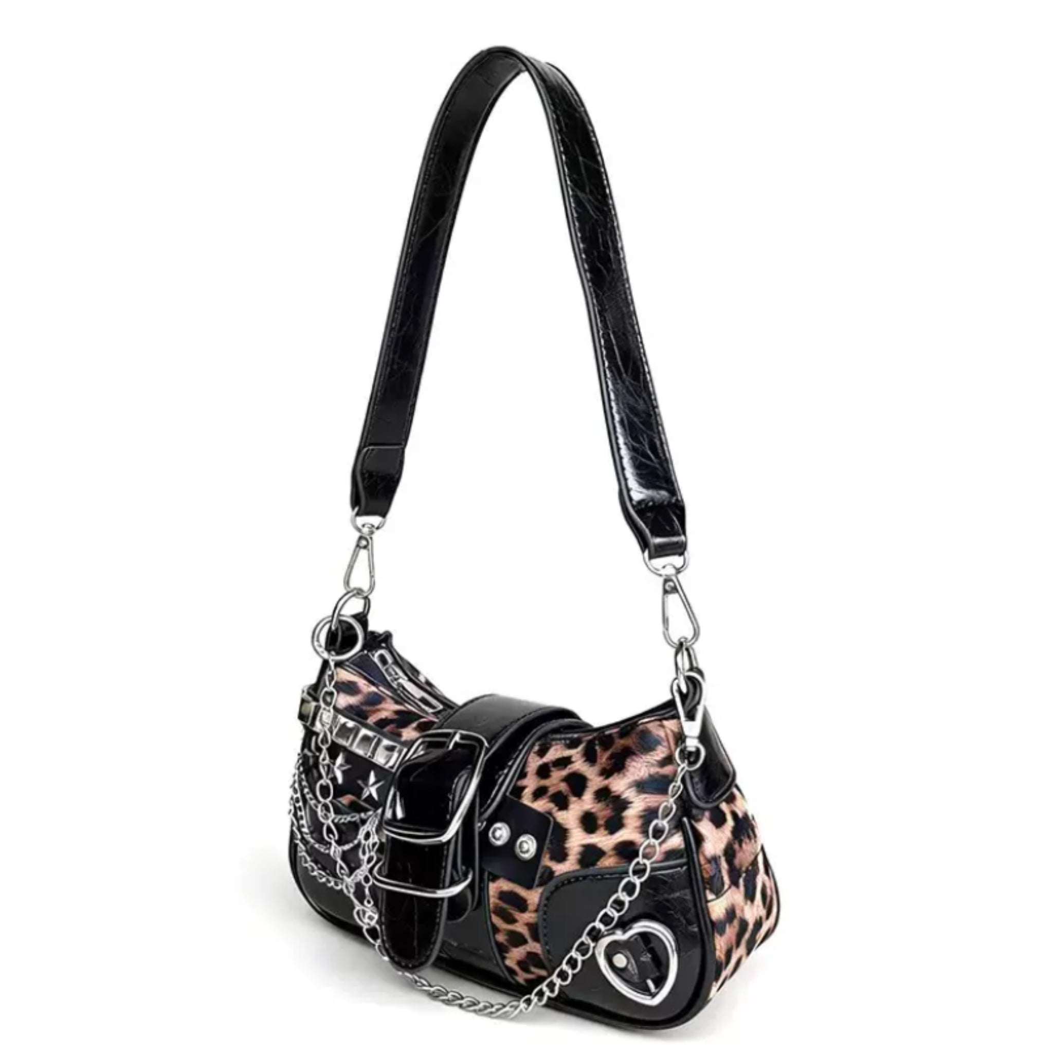 Y2K Leopard Print Shoulder Bag – Punk Chain Underarm Purse with Star Rivets
