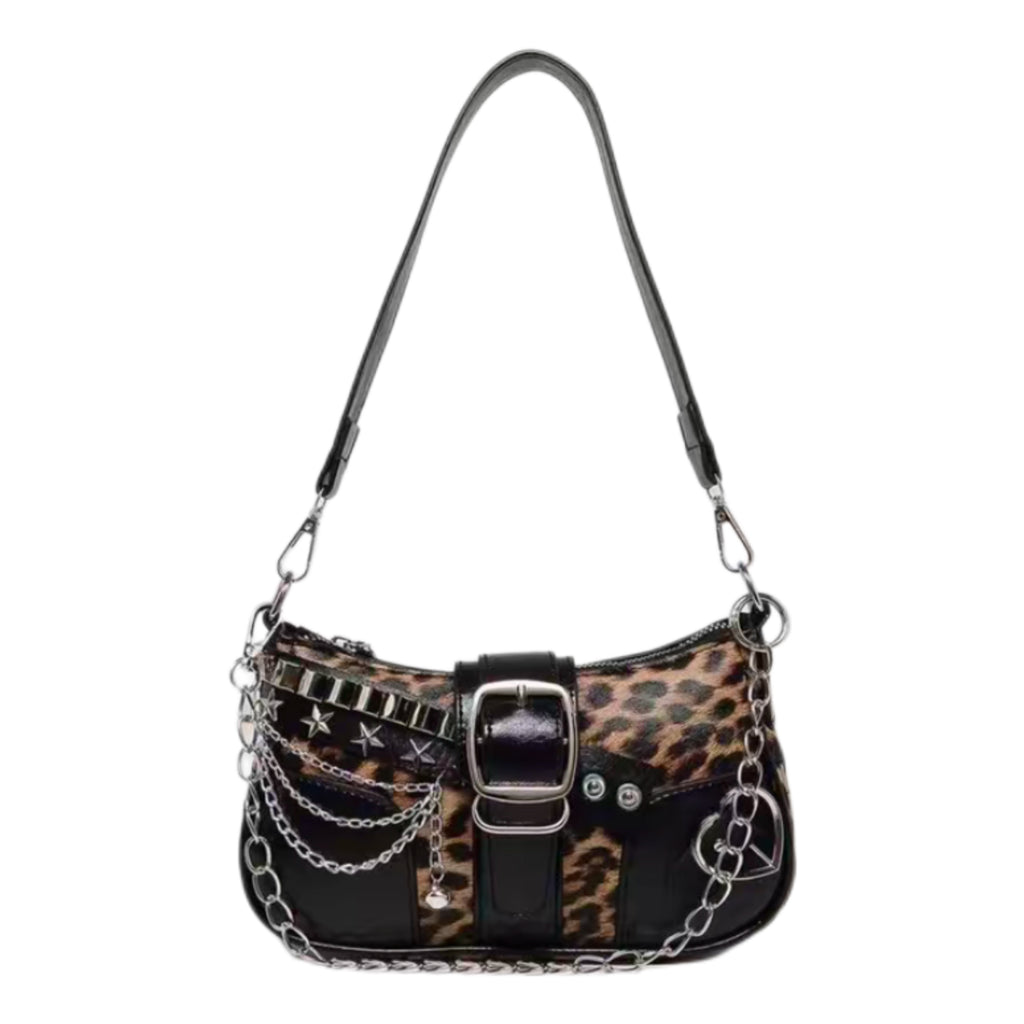 Y2K Leopard Print Shoulder Bag – Punk Chain Underarm Purse with Star Rivets