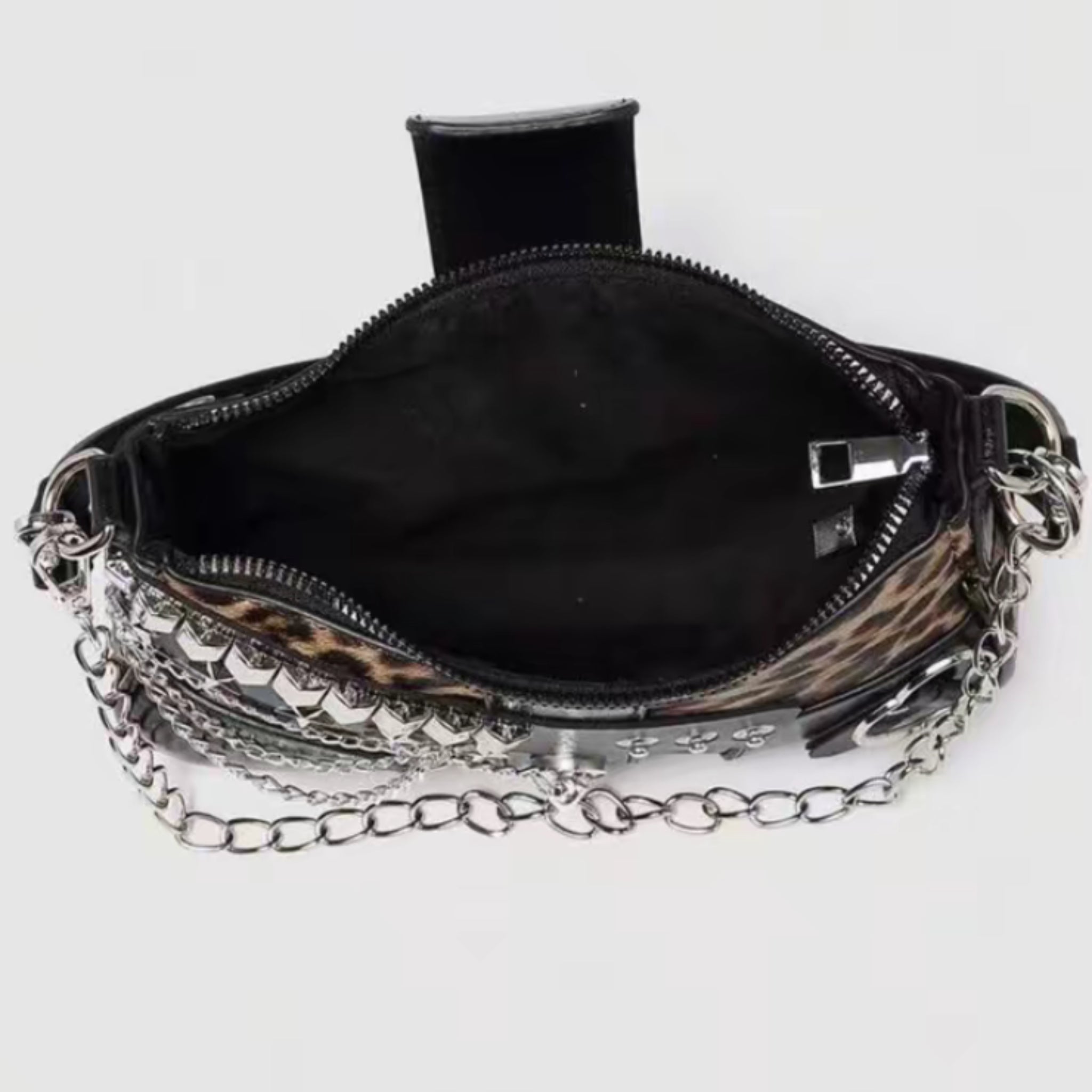 Y2K Leopard Print Shoulder Bag – Punk Chain Underarm Purse with Star Rivets