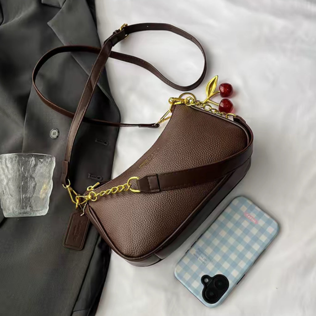 Retro Pebbled Leather Shoulder Bag with Cherry Pendant – Small Crescent Bag