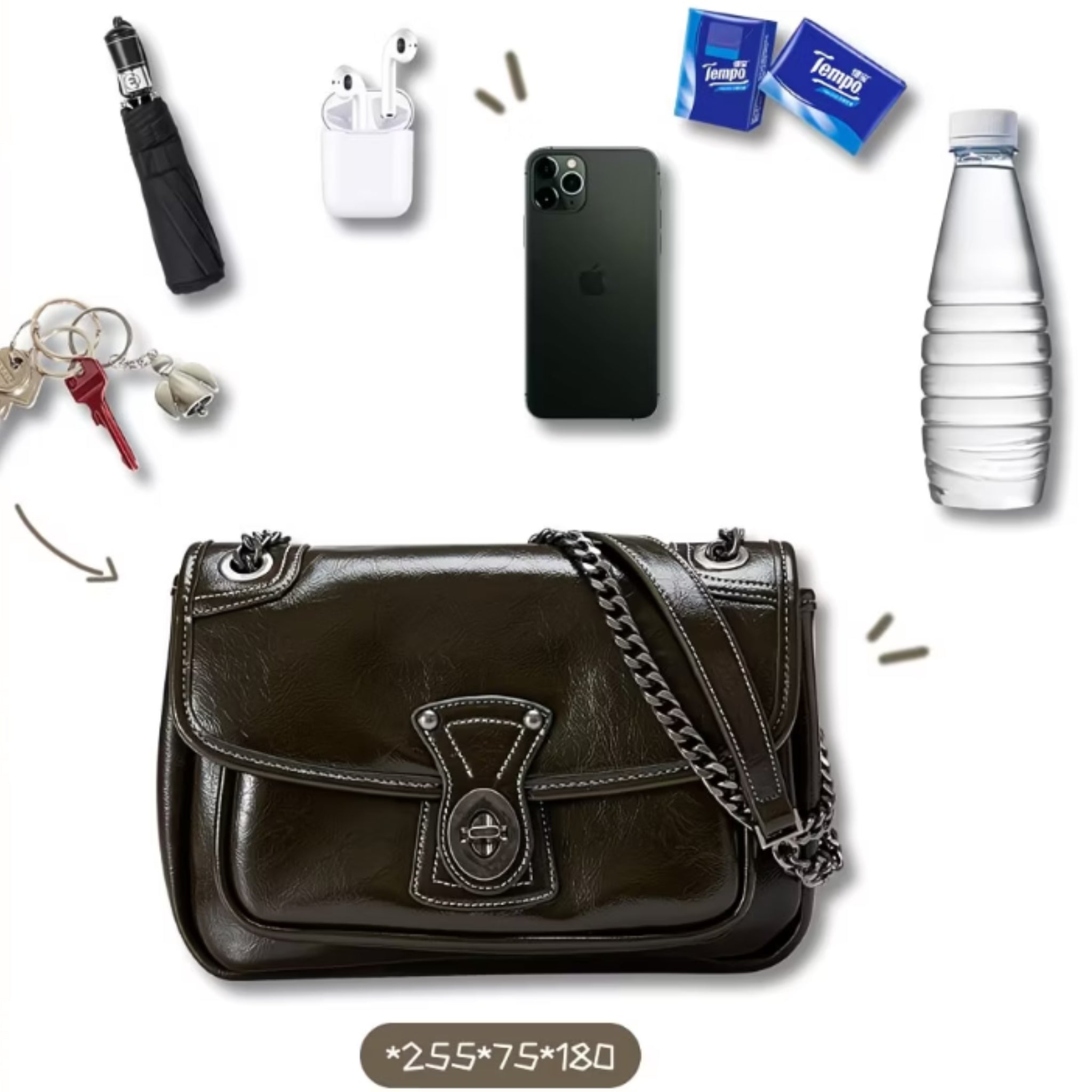 Women’s Vintage Leather Messenger Bag with Metal Chain | Large Capacity Crossbody