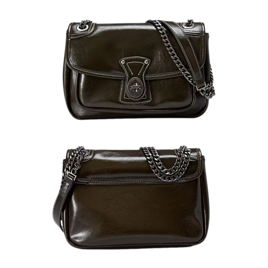 Women’s Vintage Leather Messenger Bag with Metal Chain | Large Capacity Crossbody