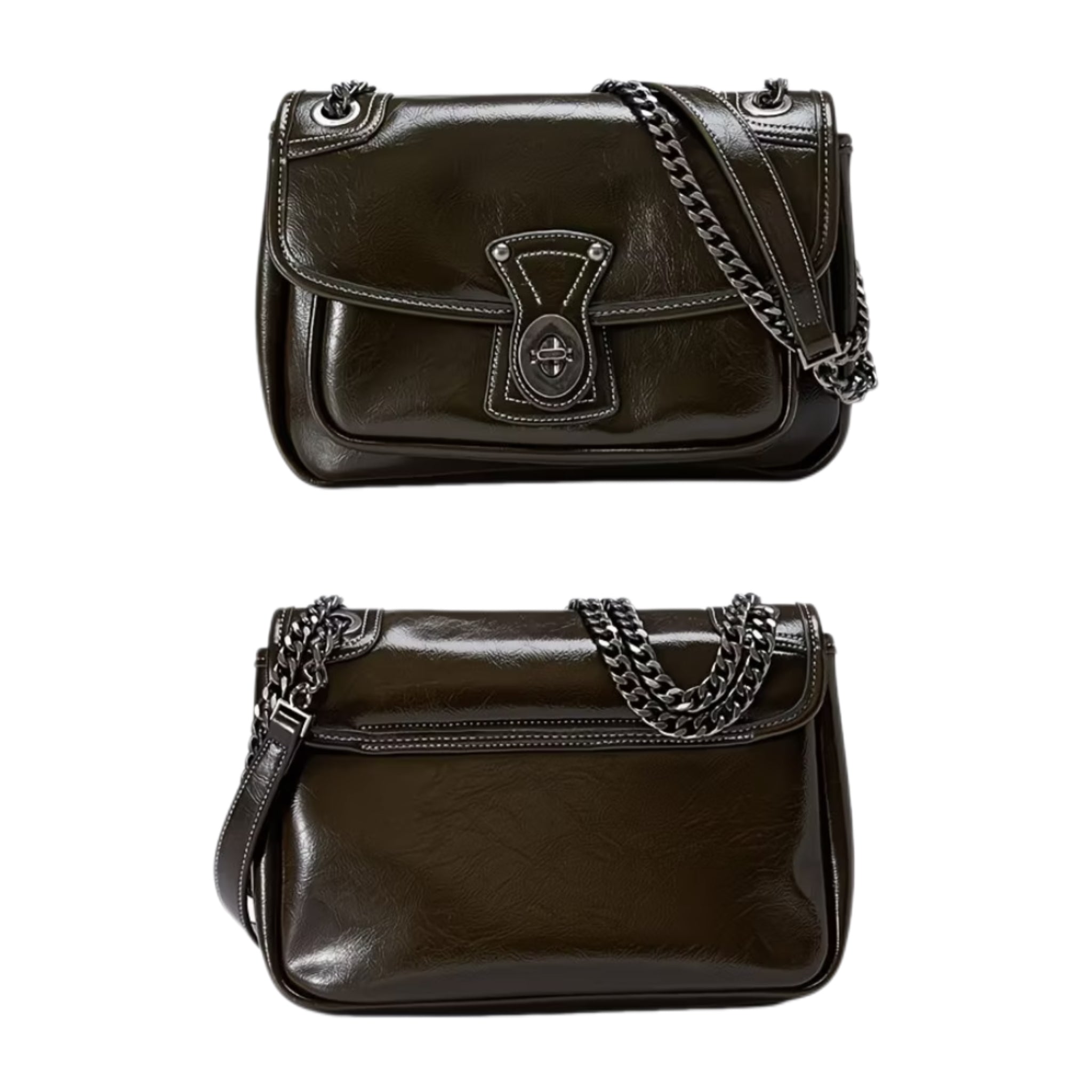 Women’s Vintage Leather Messenger Bag with Metal Chain | Large Capacity Crossbody