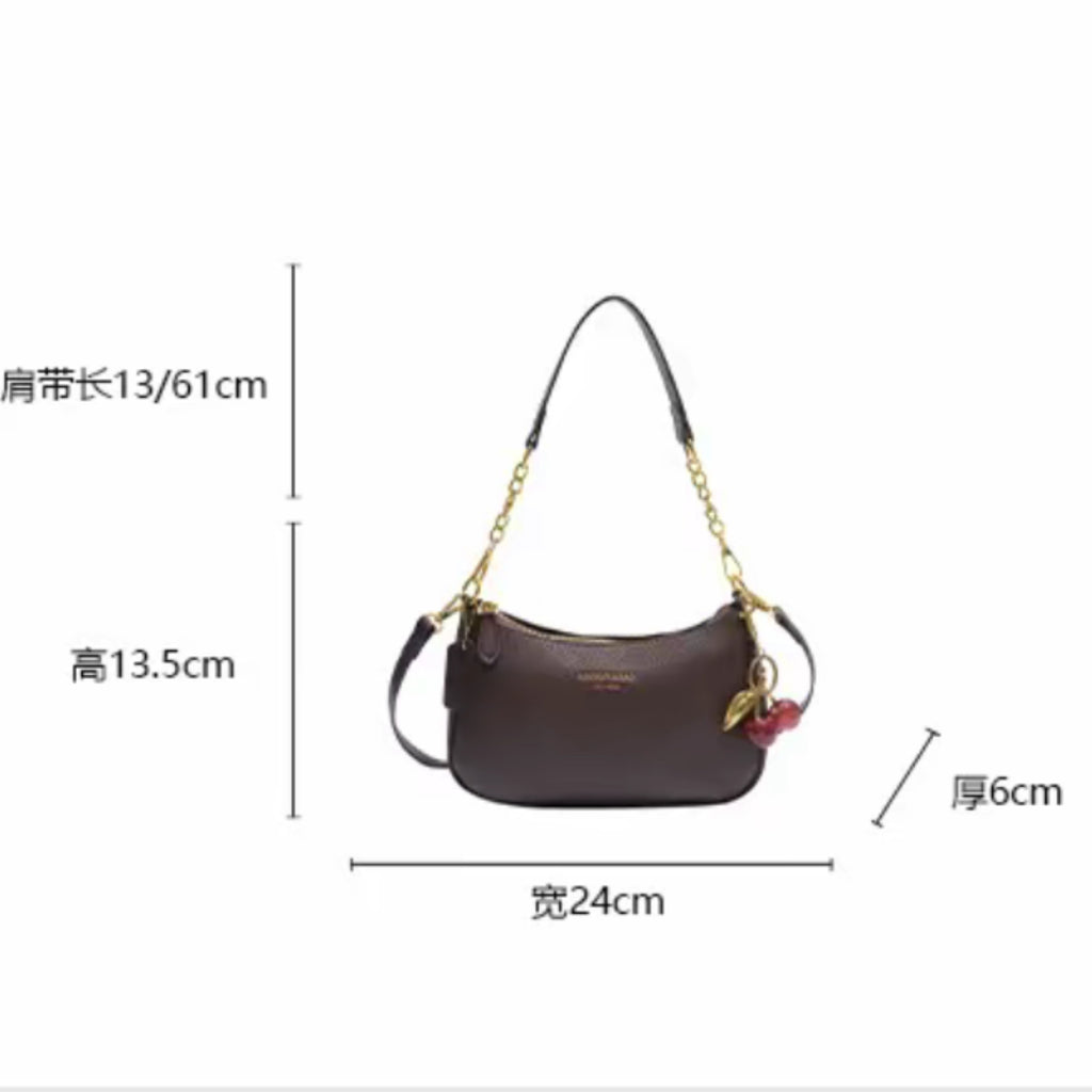 Retro Pebbled Leather Shoulder Bag with Cherry Pendant – Small Crescent Bag