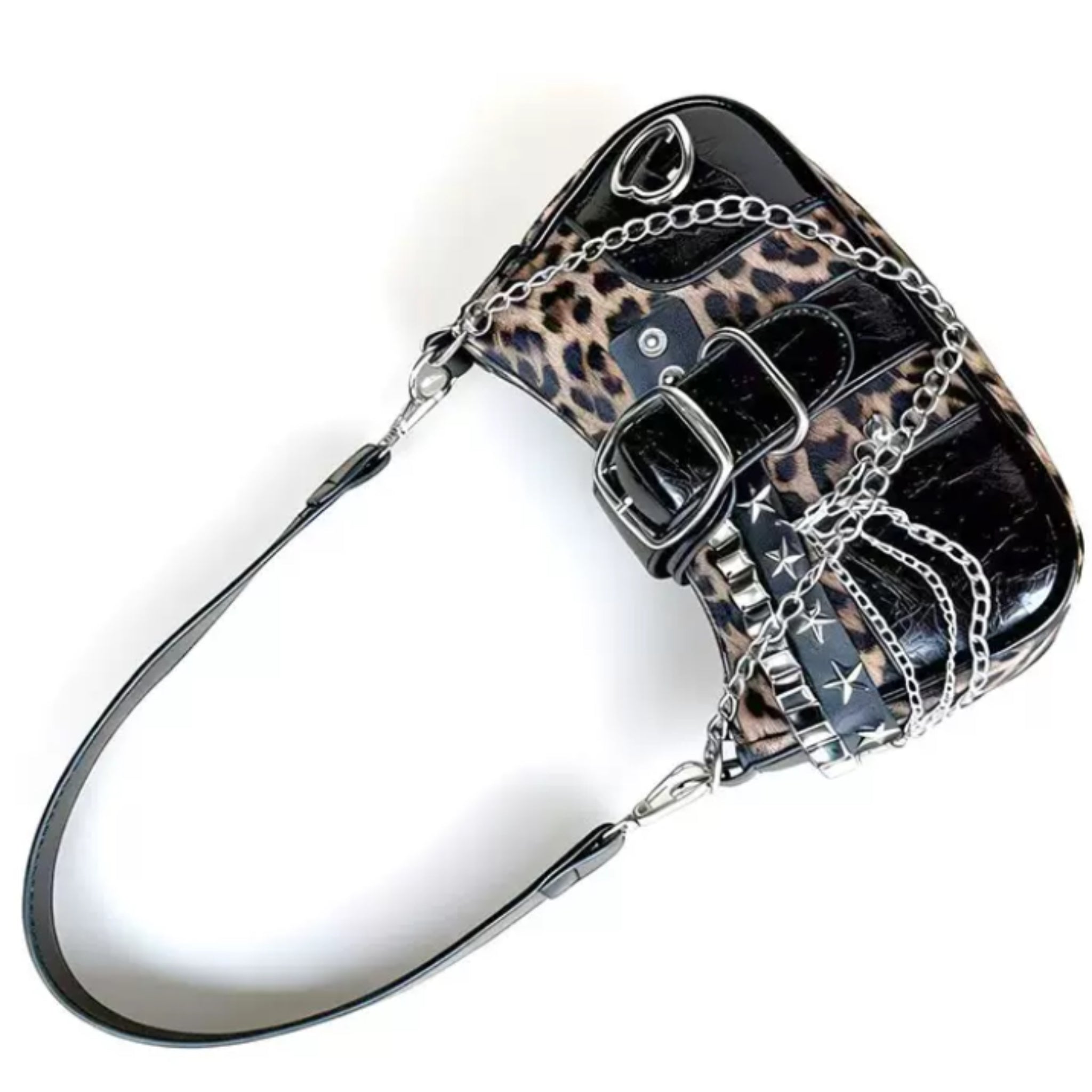 Y2K Leopard Print Shoulder Bag – Punk Chain Underarm Purse with Star Rivets