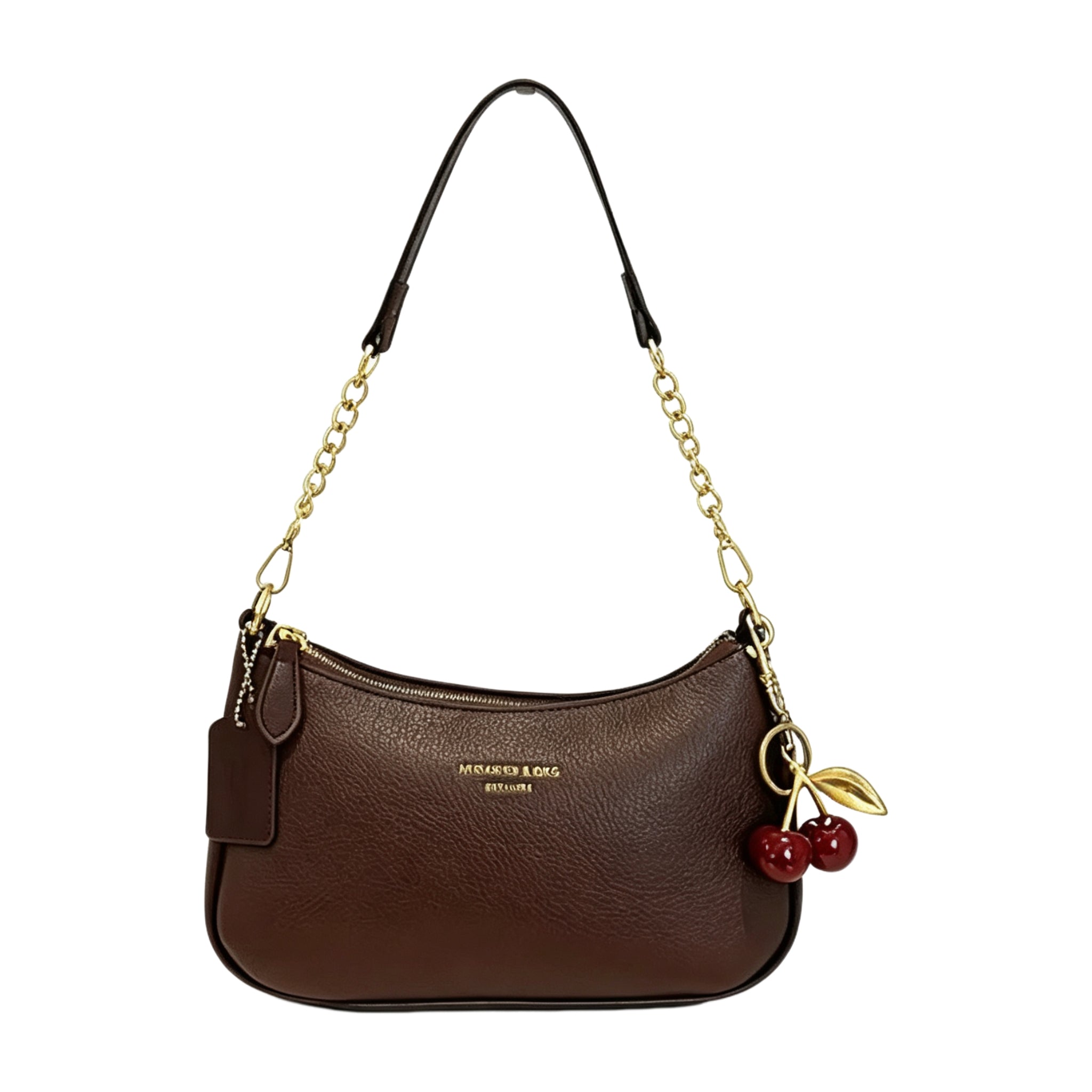 Retro Pebbled Leather Shoulder Bag with Cherry Pendant – Small Crescent Bag