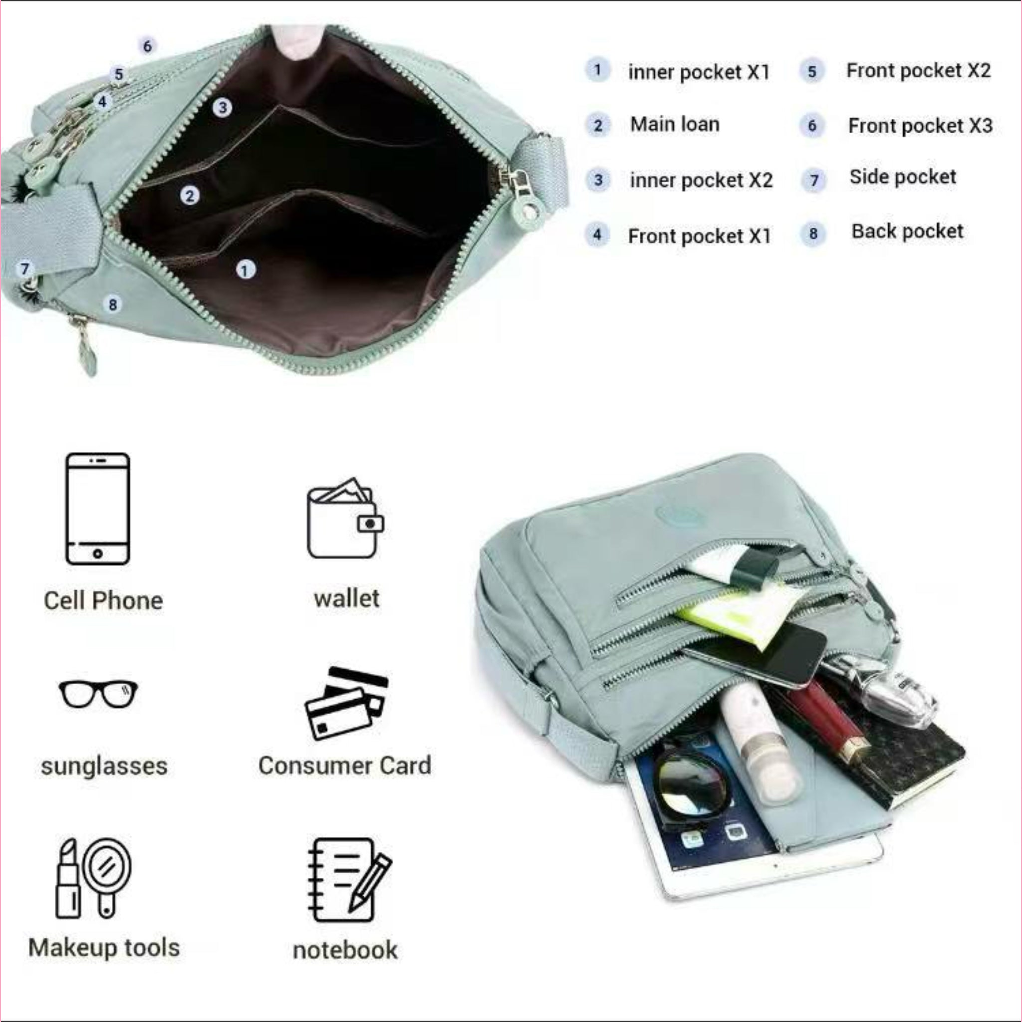Nylon Fabric Crossbody Bag Anti-Theft Women’s Shoulder Bag Multi-Layer Pocket Wallet