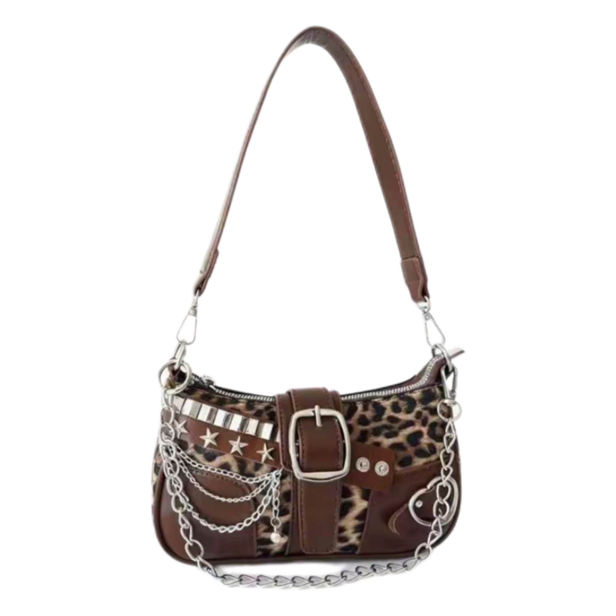Y2K Leopard Print Shoulder Bag – Punk Chain Underarm Purse with Star Rivets