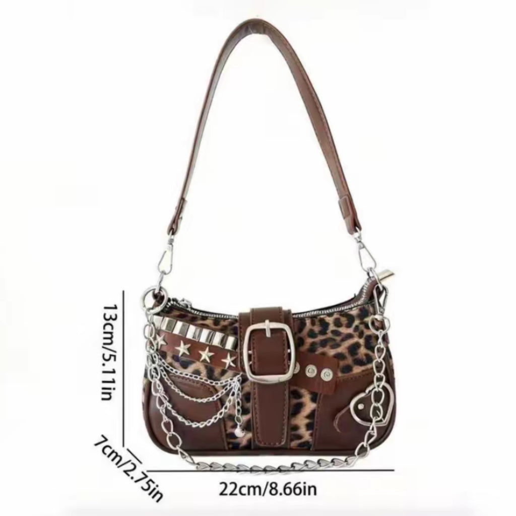 Y2K Leopard Print Shoulder Bag – Punk Chain Underarm Purse with Star Rivets