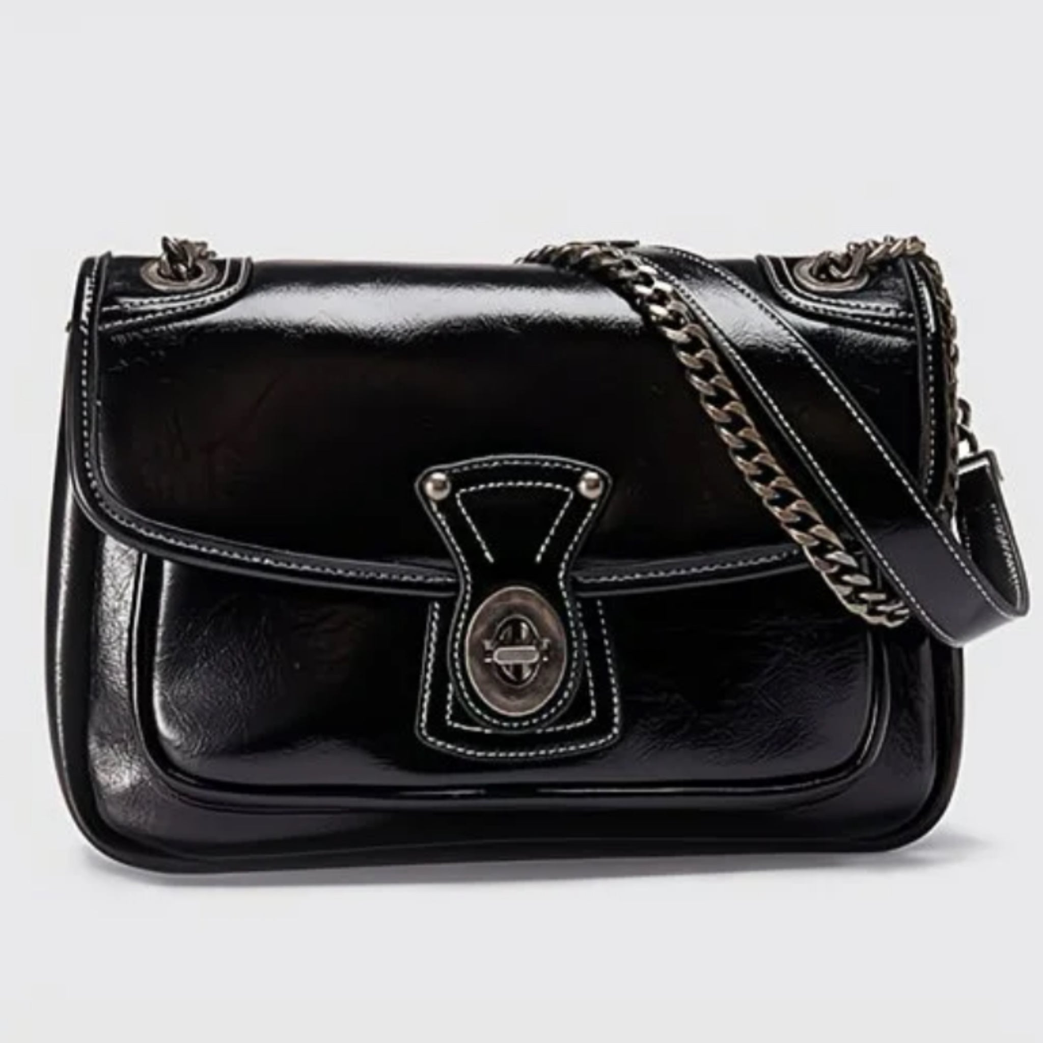 Women’s Vintage Leather Messenger Bag with Metal Chain | Large Capacity Crossbody