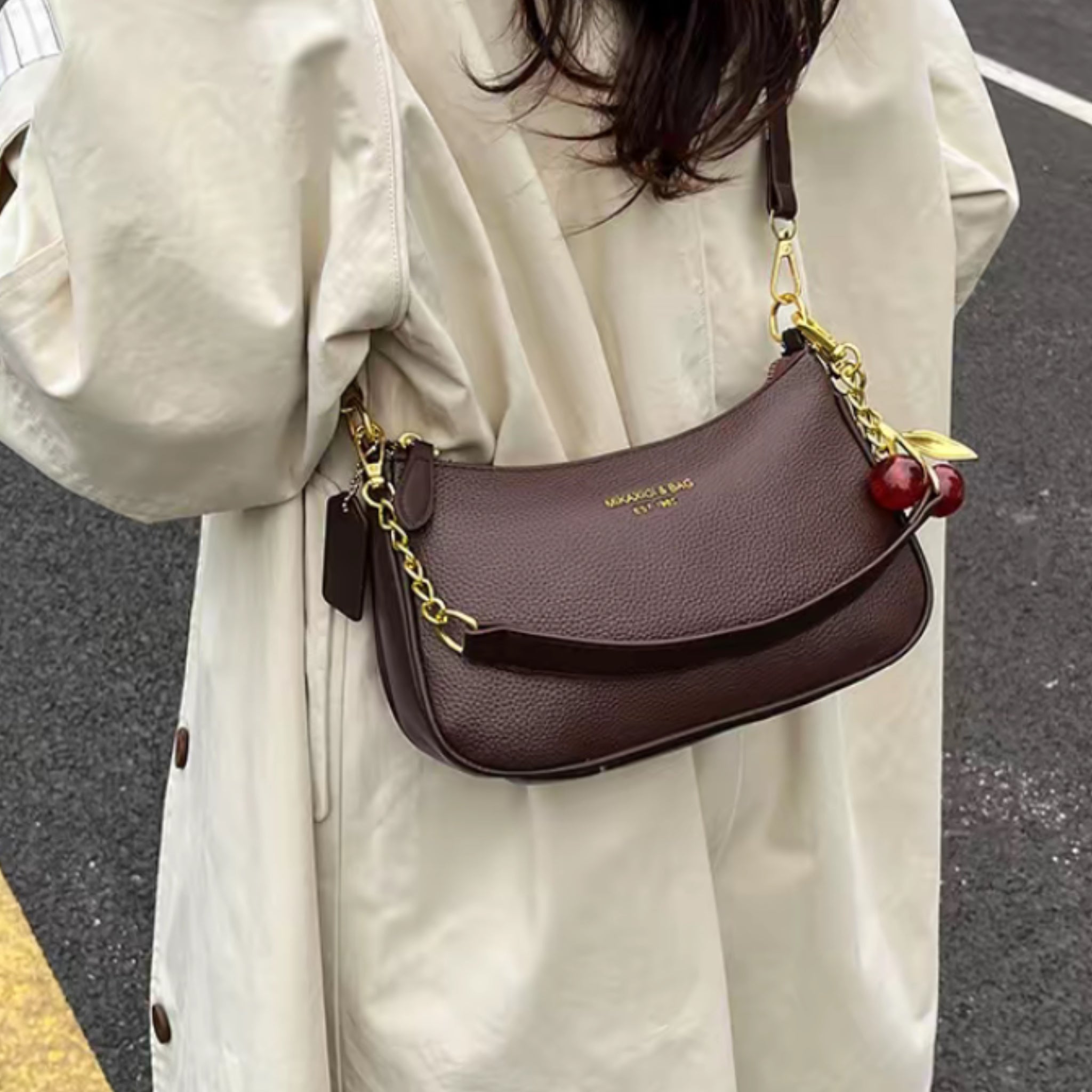 Retro Pebbled Leather Shoulder Bag with Cherry Pendant – Small Crescent Bag