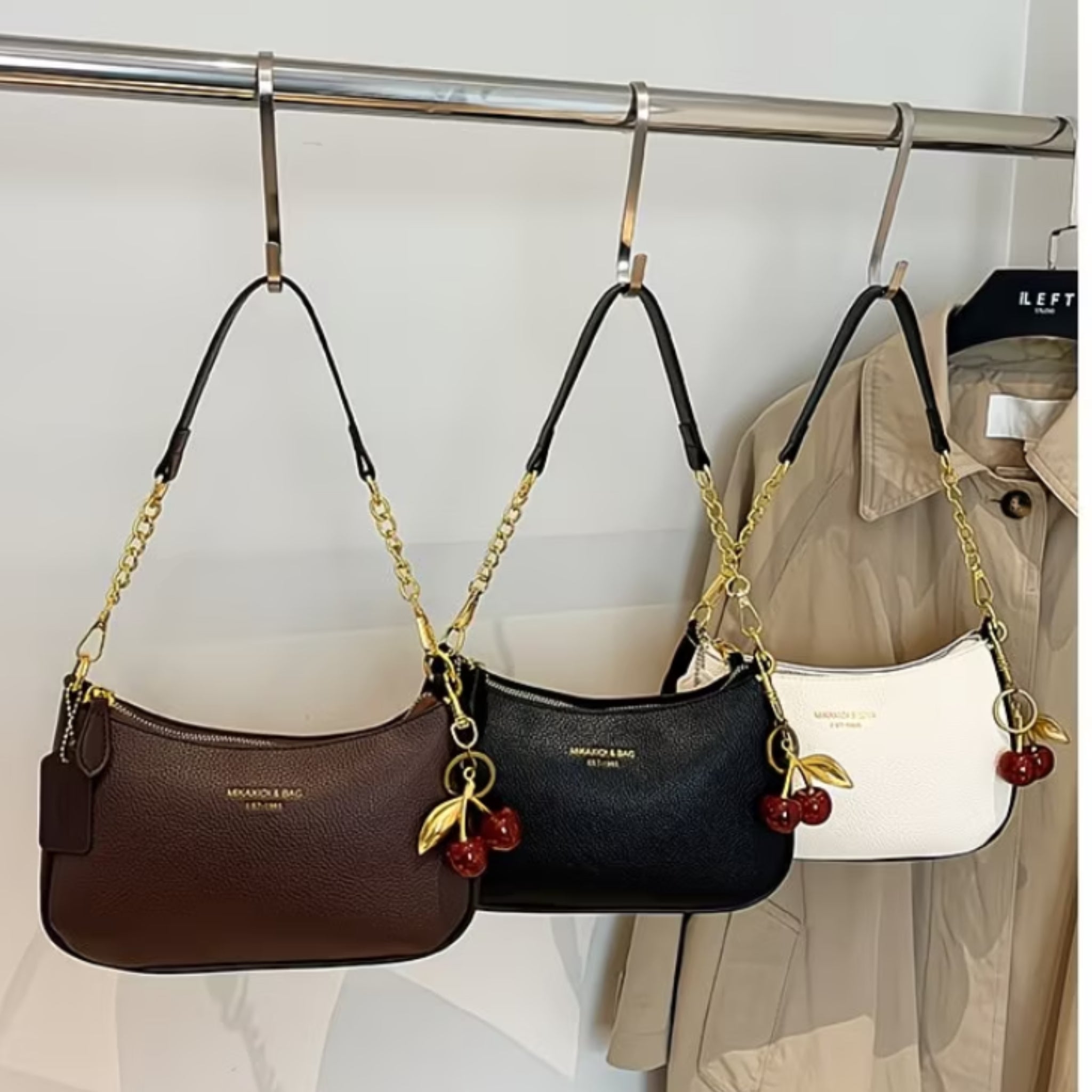 Retro Pebbled Leather Shoulder Bag with Cherry Pendant – Small Crescent Bag