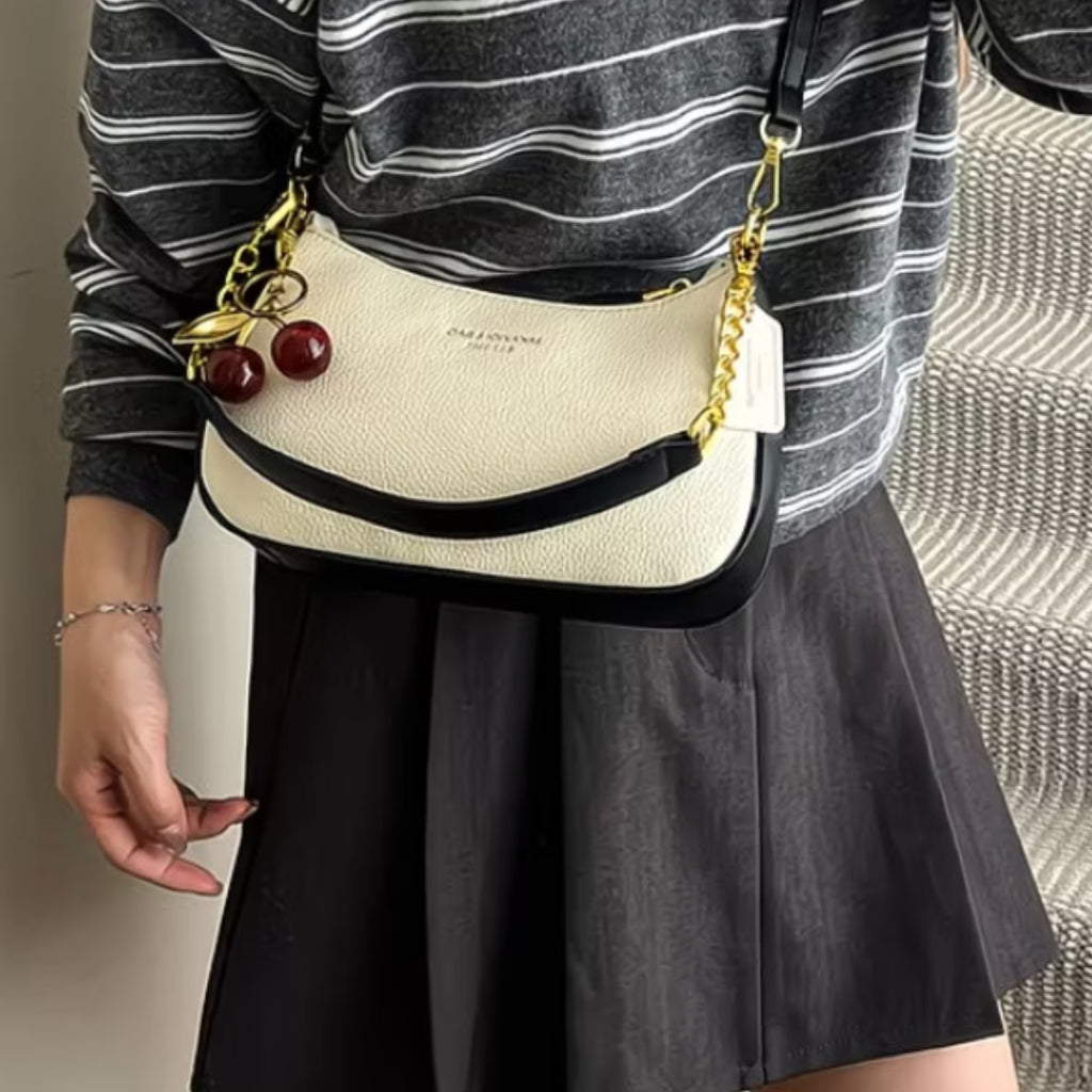 Retro Pebbled Leather Shoulder Bag with Cherry Pendant – Small Crescent Bag